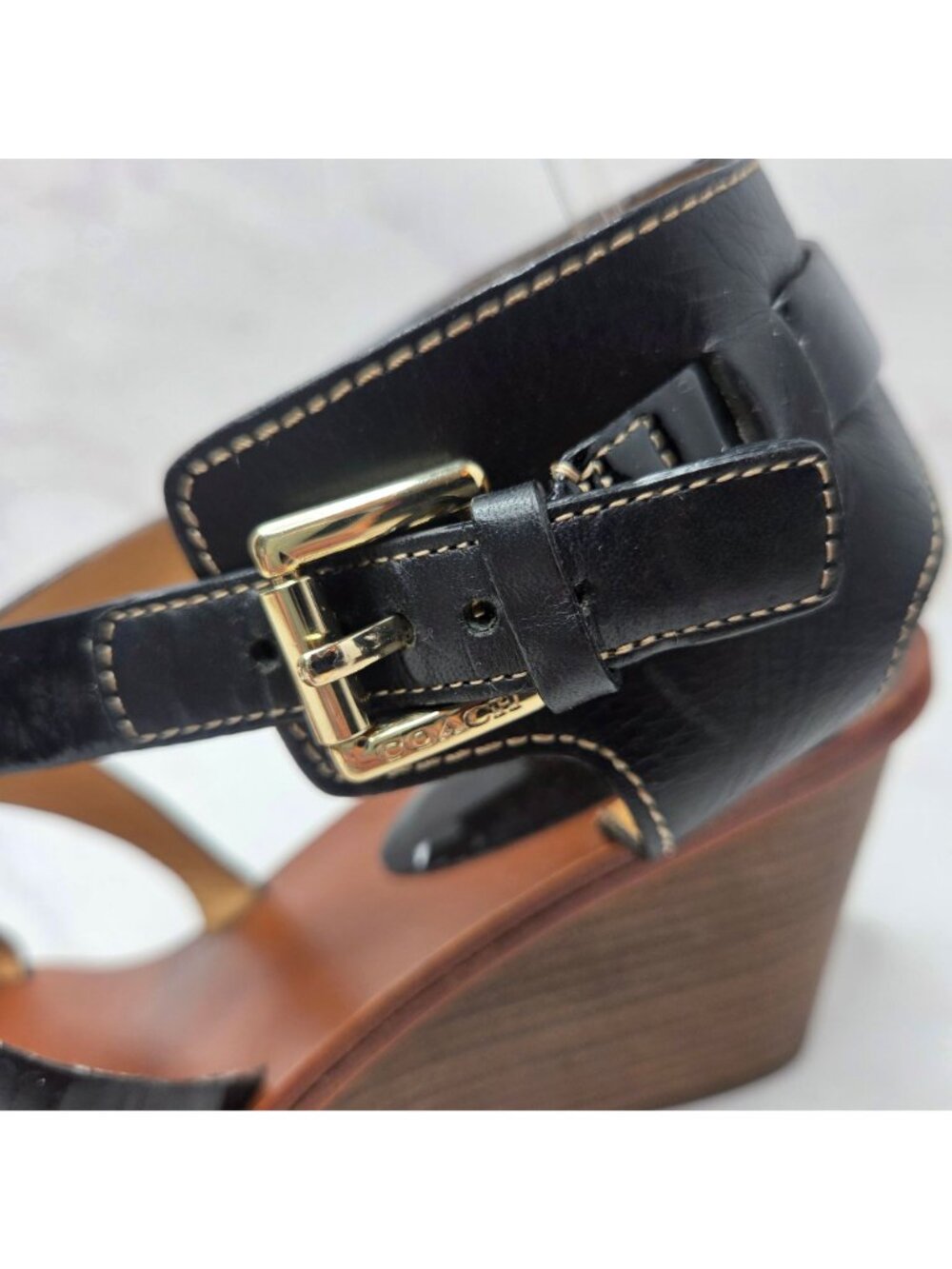 NWOT Coach Prue Black Leather Wedges Sandals Ankle Strap Heels Women's 10B - Picture 2 of 11